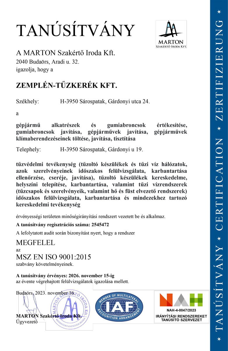 ISO Tanúsítvány Zemplén-Tűzkerék Kft
